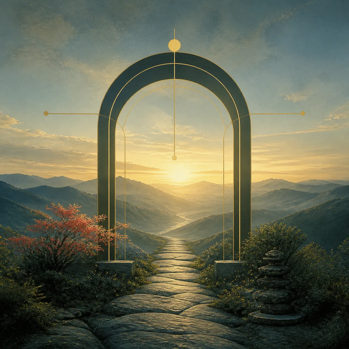 A quiet path through a mountain landscape at sunrise